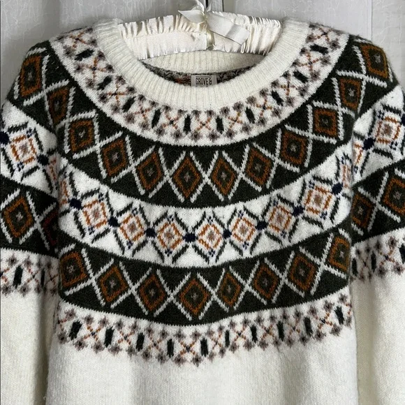 GROVE & HOLLOW Fair Isle Ivory Green Tan Navy Orange Crew Wool Blend Sweater